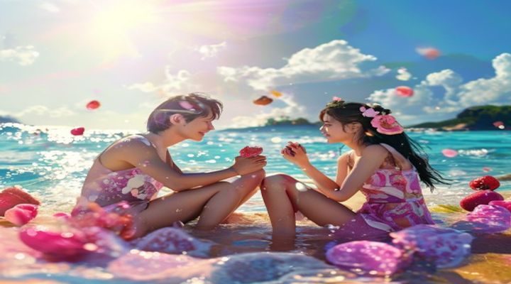 草莓视频热门短剧《夏日密语》在线观看，男女主角在阳光海边相遇的浪漫场景
